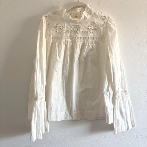 Free People Another Eternity Blouse White Cotton Eyelet Lace Bell Sleeve Large - Picture 7 of 8